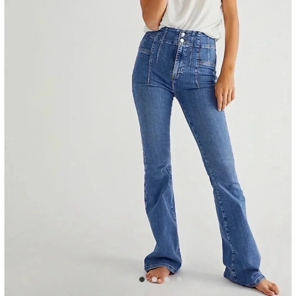 New Free People Jayde Flare Jeans We The Free Super High Rise in Indigo Blue - Picture 2 of 11